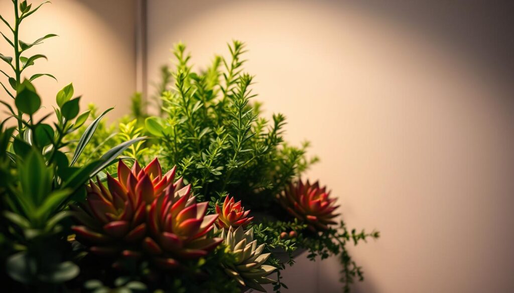A well-lit indoor garden scene featuring lush, verdant foliage and vibrant succulents. Soft, indirect lighting creates a warm, inviting atmosphere, casting gentle shadows and highlights across the plants. The composition emphasizes the simplicity and elegance of the succulents, showcasing their unique shapes and textures. The background is a minimalist, neutral-toned setting, allowing the plants to take center stage. The image conveys a sense of calm, serenity, and ease of maintenance, perfectly encapsulating the "Dicas práticas para manutenção no dia a dia" theme for a Brazilian audience.