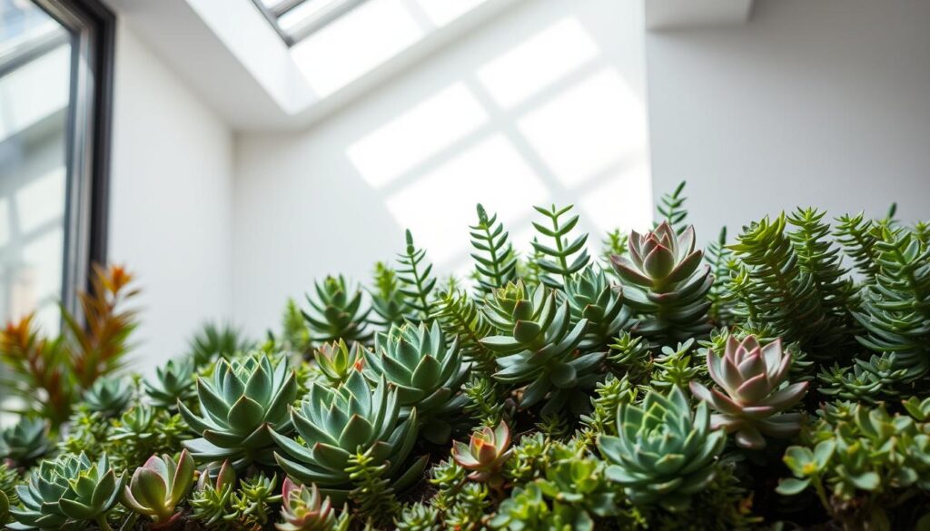 Um cenário interno bem iluminado com suculentas exuberantes prosperando sob uma luz suave e indireta. As suculentas estão dispostas em uma composição visualmente atraente, exibindo sua folhagem e cores diversas. A iluminação é natural, filtrada por uma grande janela ou claraboia, projetando sombras suaves e destaques que acentuam as texturas complexas das plantas. O fundo é minimalista, permitindo que as suculentas sejam o ponto focal. A atmosfera geral é calma, serena e convidativa, capturando perfeitamente a essência do cultivo de suculentas que gostam de sombra em uma casa ou apartamento brasileiro.