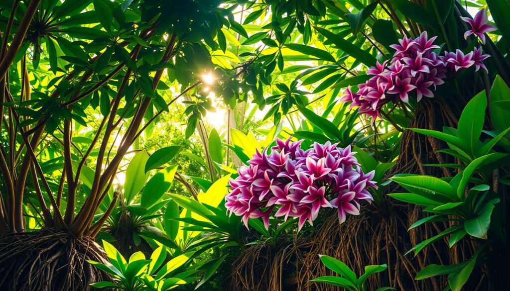 Abundant lush greenery of vibrant tropical plants, their verdant leaves and delicate petals radiating a soothing, serene energy. Intricate root structures grounding and anchoring the foliage, drawing in positive chi from the earth. Gentle rays of warm, golden sunshine filter through the canopy, casting a soft, calming glow. Clusters of exotic flowers in shades of pink, purple, and white exude an aura of tranquility and harmony. A sense of natural balance and rejuvenation permeates the scene, inviting the viewer to feel their negative energy transformed into abundance. Abundant lush greenery of vibrant tropical plants, their verdant leaves and delicate petals radiating a soothing, serene energy. Intricate root structures grounding and anchoring the foliage, drawing in positive chi from the earth. Gentle rays of warm, golden sunshine filter through the canopy, casting a soft, calming glow. Clusters of exotic flowers in shades of pink, purple, and white exude an aura of tranquility and harmony. A sense of natural balance and rejuvenation permeates the scene, inviting the viewer to feel their negative energy transformed into abundance.