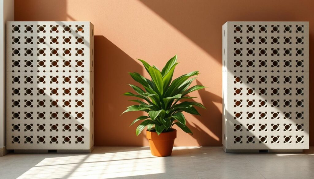 Cobogós, a distinctive Brazilian architectural element, stand as the centerpiece of a serene, minimalist interior. Showcased against a backdrop of warm, earthy tones, the intricate pattern of these perforated concrete blocks casts delicate shadows, creating a play of light and shadow that captivates the eye. The arrangement is carefully considered, with the cobogós strategically positioned to frame a lush, verdant plant, its vibrant foliage complementing the neutral palette. The overall scene exudes a sense of tranquility and balance, perfectly suited to enhance the ambiance of a refined, sophisticated living space tailored for the discerning Brazilian homeowner.