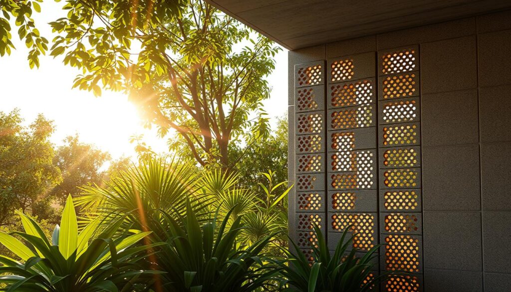 Cobogós, the iconic Brazilian architectural elements, showcased in a meticulously detailed scene. A serene outdoor setting, with the sun's warm glow filtering through the perforated concrete blocks, casting intricate patterns of light and shadow. The cobogós seamlessly integrate with the lush greenery, creating a harmonious blend of nature and design. The image captures the benefits of these versatile components - enhancing privacy, ventilation, and ambiance, perfectly suited for the Brazilian aesthetic. Rendered with photorealistic precision, this scene invites the viewer to experience the beauty and functionality of cobogós in interior and exterior decor.