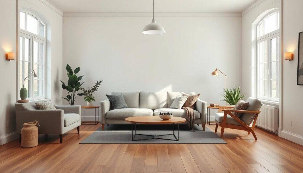 Cozy Scandinavian living room with natural light streaming through large windows, illuminating a minimalist yet inviting space. Soft white walls and oak wood floors create a warm, tranquil atmosphere. A plush, neutral-toned sofa sits centered, surrounded by sleek, Scandinavian-inspired furniture pieces. Accent lighting from modern sconces and a central pendant fixture casts a gentle, ambient glow. Potted plants and textured throw pillows add organic, nature-inspired elements. The overall scene exudes a sense of simplicity, comfort, and Nordic design elegance. Cozy Scandinavian living room with natural light streaming through large windows, illuminating a minimalist yet inviting space. Soft white walls and oak wood floors create a warm, tranquil atmosphere. A plush, neutral-toned sofa sits centered, surrounded by sleek, Scandinavian-inspired furniture pieces. Accent lighting from modern sconces and a central pendant fixture casts a gentle, ambient glow. Potted plants and textured throw pillows add organic, nature-inspired elements. The overall scene exudes a sense of simplicity, comfort, and Nordic design elegance.