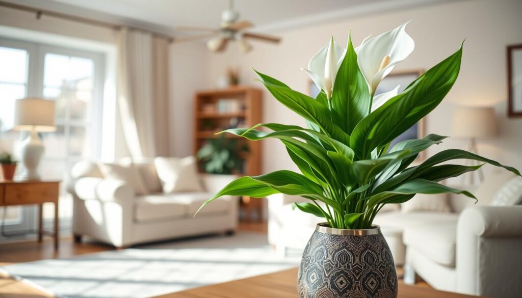 Imagem de um Lírio da Paz em um vaso decorativo em uma sala de estar iluminada