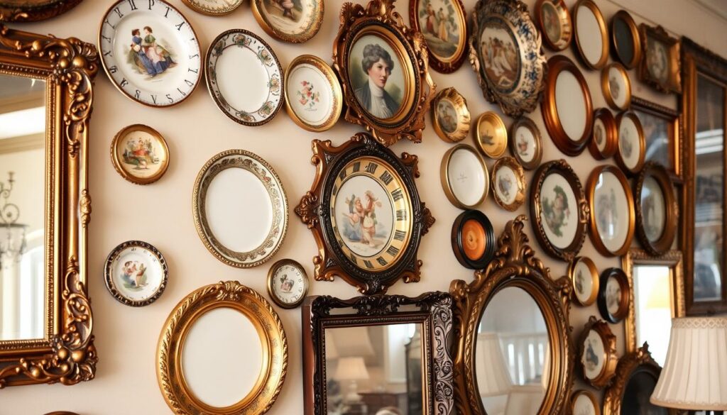 Imagem de uma parede decorada com pratos antigos e molduras ornamentadas