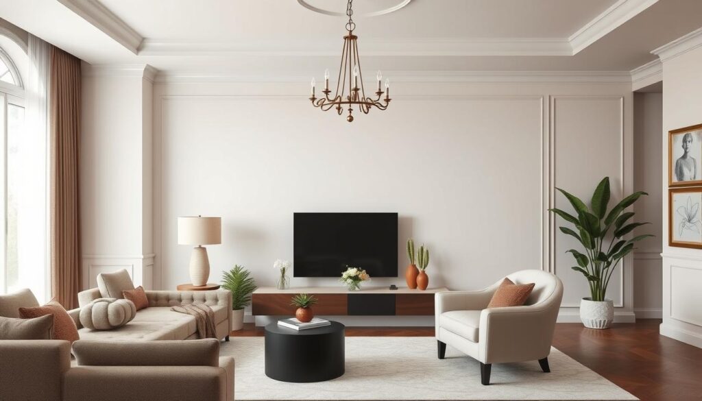Imagem de uma poltrona elegante em uma sala de estar decorada com estilo