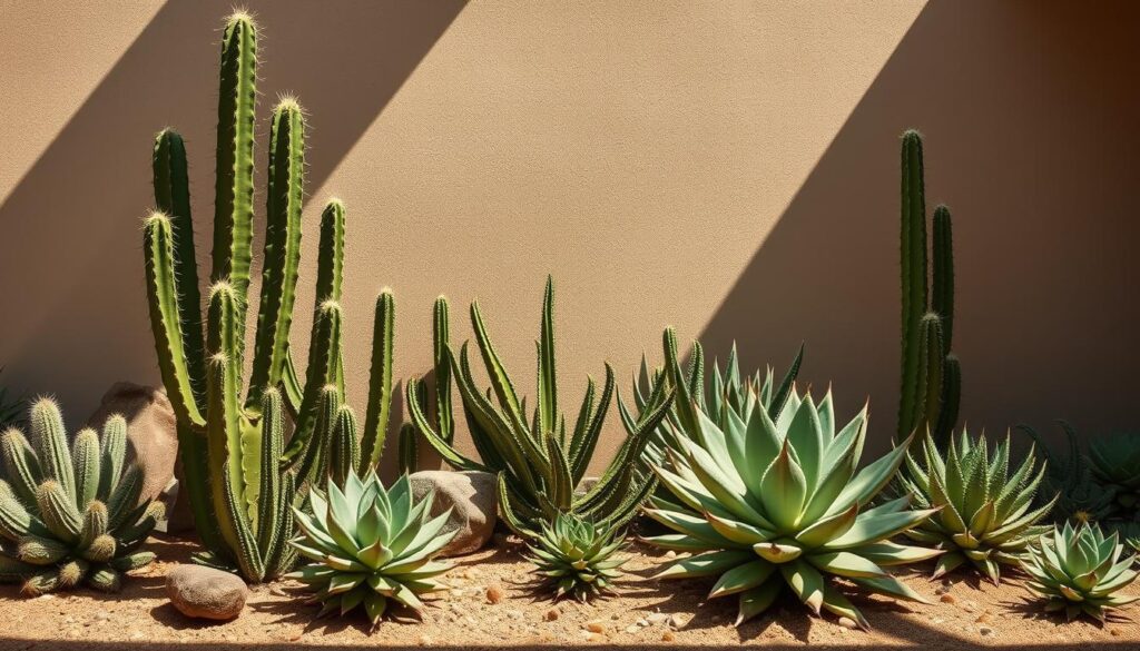 Lush cactaceas and succulents bathed in direct sunlight, their sculptural forms casting dramatic shadows across a minimalist, earthy backdrop. Capture the quintessential Brazilian aesthetic - vibrant yet understated, with a focus on natural textures and organic shapes. Compose the scene with a sense of balance and harmony, highlighting the plants' intricate details and resilient beauty. Utilize a wide-angle lens to showcase the full grandeur of these resilient specimens, evoking a sense of wonder and appreciation for their low-maintenance charm.
