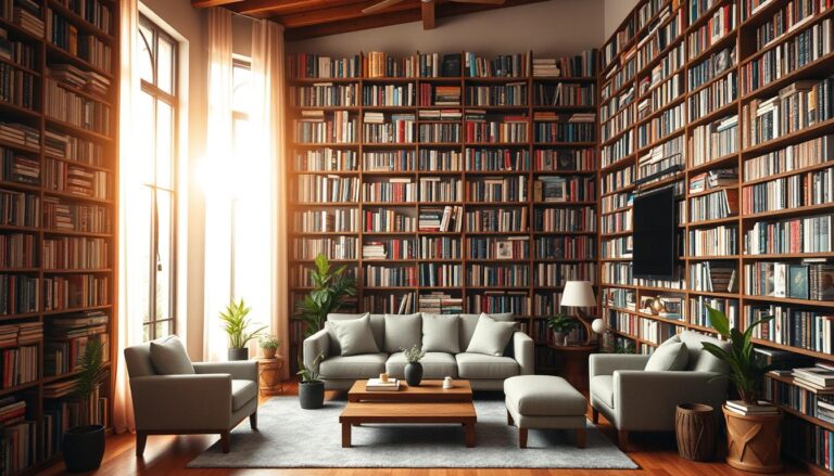 Sala com livros decorativos