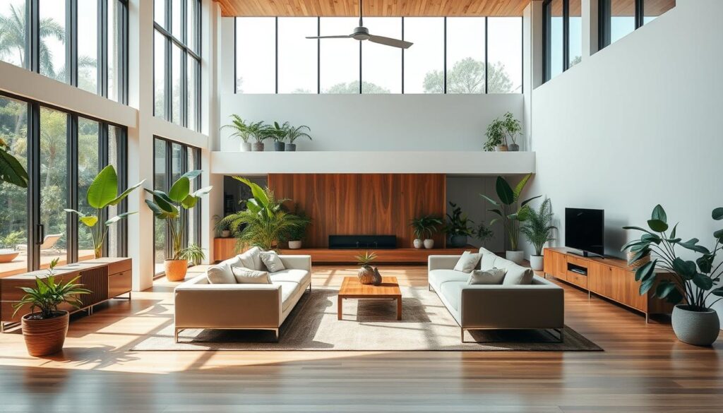 Layout amplo e harmonioso de uma casa brasileira moderna, banhada pela luz natural acolhedora que vem de grandes janelas. Móveis elegantes e minimalistas dispostos cuidadosamente para criar uma sensação de fluidez e equilíbrio. Plantas e folhagens exuberantes adicionam toques de cores vibrantes, complementando os tons terrosos dos materiais de madeira e pedra. A impressão geral é de serenidade e design consciente, convidando o observador a experimentar o poder calmante e restaurador de uma organização espacial bem pensada.