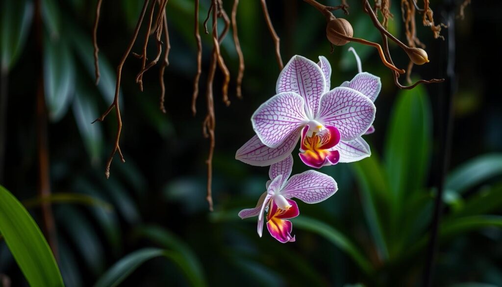 Suspended dance of the Vanda orchid, its aerial roots cascading gracefully against a backdrop of lush, verdant foliage. Delicate petals unfurl, revealing a captivating display of intricate patterns and vibrant hues that captivate the senses. Soft, diffused lighting accentuates the orchid's ethereal beauty, casting a warm, inviting glow. The composition is meticulously balanced, drawing the eye to the central subject while hinting at the surrounding Brazilian landscape. Every detail, from the intricate textures to the harmonious color palette, is designed to resonate with the Brazilian audience, creating a visually striking and culturally relevant representation of this beloved plant.