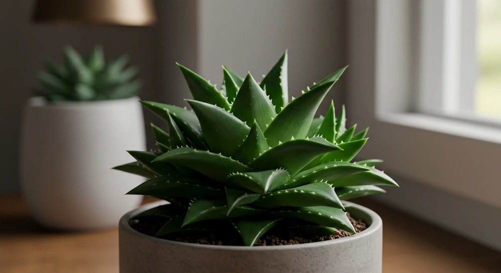 Aloe cymbiformis em vaso decorativo, folhas verdes em formato de estrela do mar, ideal para cultivo em sombra com pouca água.