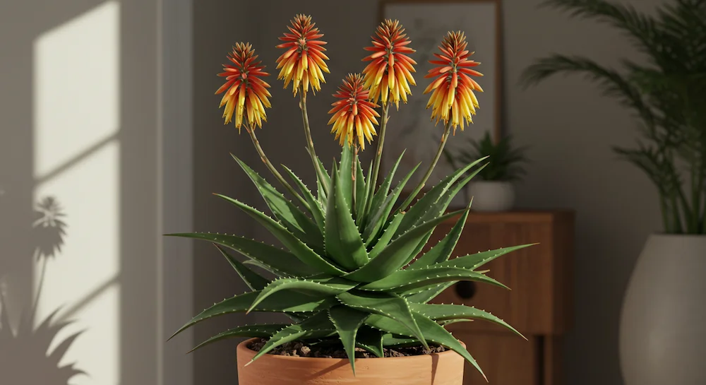 Babosa (Aloe arborescens) em vaso decorativo, folhas carnudas verdes e flores vermelhas, amarelas e laranjas, ideal para cultivo em casa.