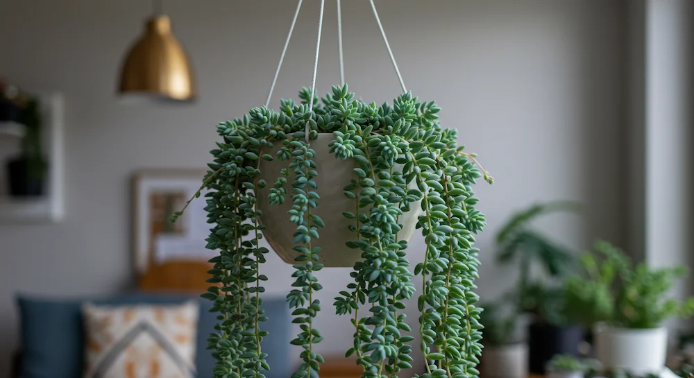 Suculenta dedo-de-moça (Sedum morganianum) em vaso suspenso, com hastes pendentes em efeito cascata, ideal para decoração interna.