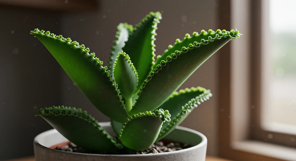 Suculenta mãe-de-milhares (Kalanchoe daigremontiana) com brotos nas bordas das folhas, em vaso decorativo, ideal para meia-sombra e fácil propagação.