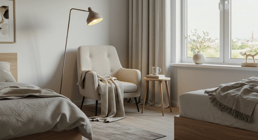 Quarto escandinavo com cantinho de leitura aconchegante, poltrona confortável, luminária minimalista e decoração em tons neutros, criando espaço de relaxamento funcional e acolhedor.