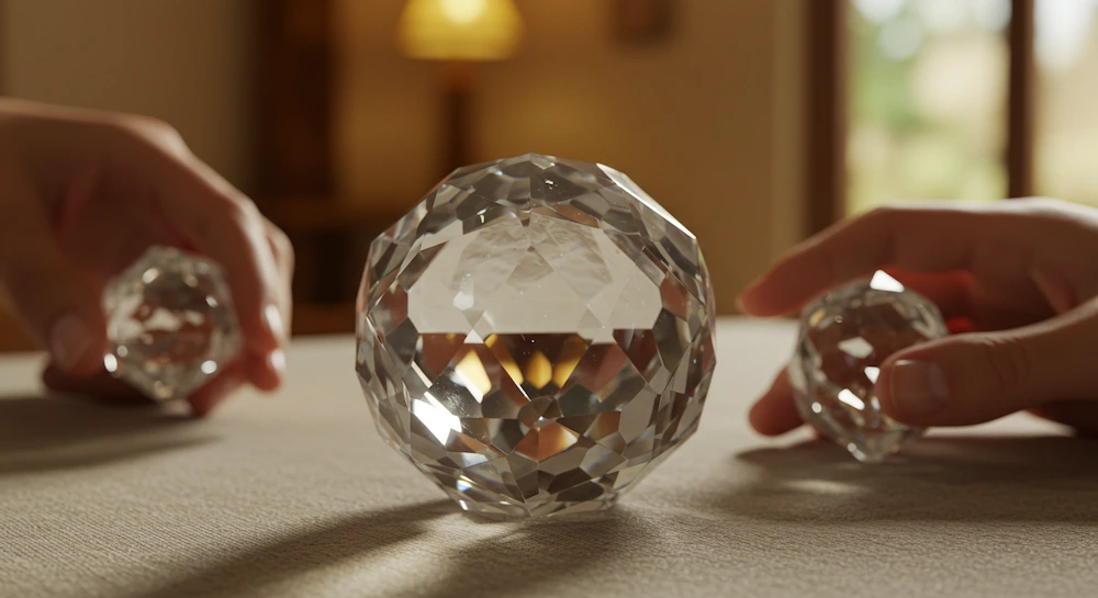 Cristal multifacetado de alta qualidade para Feng Shui, com facetas bem definidas e transparência impecável, usado para equilibrar e harmonizar as energias da casa.