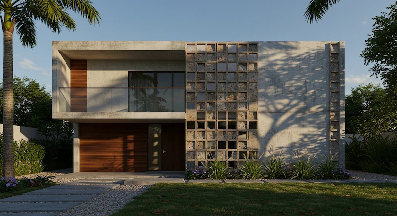 Fachada de casa moderna brasileira com cobogós em destaque, integrando elementos como concreto aparente, madeira e paisagismo tropical, com luz do fim de tarde realçando sombras geométricas e textura dos materiais.