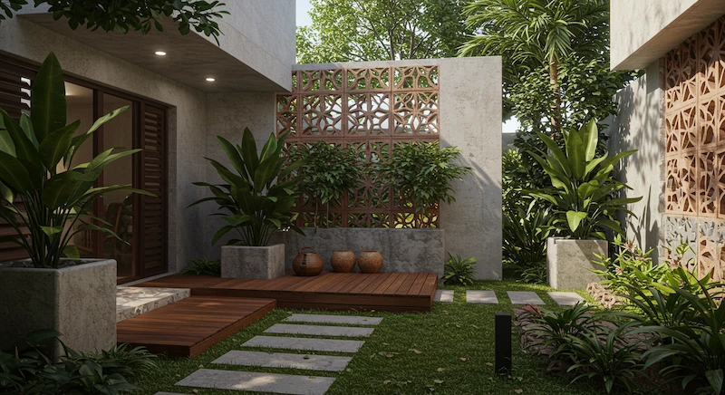 Jardim moderno com cobogós decorativos integrados à vegetação tropical, criando sombras naturais e conexão entre arquitetura e paisagismo em casa contemporânea brasileira.