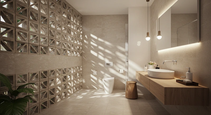 Banheiro moderno com cobogós integrados à parede, garantindo ventilação natural, privacidade e estética contemporânea em casa brasileira.