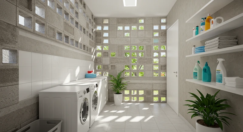 Área de serviço moderna com cobogós proporcionando ventilação natural, luz suave e funcionalidade em ambiente úmido de casa brasileira contemporânea.