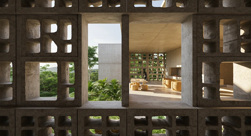 Uma ilustração arquitetônica altamente detalhada e fotorrealista que apresenta o design único dos cobogós brasileiros. Em primeiro plano, elegantes blocos de concreto perfurados são iluminados pela luz natural e quente do sol, que os filtra, lançando padrões intrincados de luz e sombra. O plano central apresenta um espaço interior minimalista e moderno, com os cobogós perfeitamente integrados à arquitetura, criando um elemento de design visualmente marcante e funcional. O fundo retrata uma paisagem tropical exuberante e verdejante, sugerindo as raízes tradicionais e o contexto regional deste icônico material de construção brasileiro. Renderização nítida e de alta resolução com foco na materialidade autêntica e na engenharia precisa, evocando a engenhosidade e o artesanato dos cobogós.