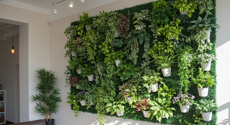 Parede interna decorada com jardim vertical artificial, combinando plantas de diferentes tamanhos, texturas e tons de verde, criando ponto focal moderno e elegante.