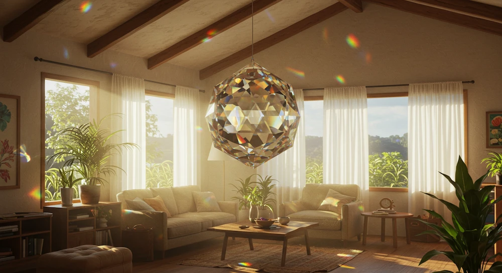 Cristal multifacetado no centro da sala com reflexos coloridos de luz, usado no Feng Shui para equilibrar, renovar e transformar a energia da casa.
