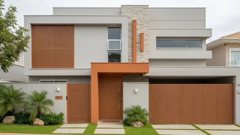 Fachada de casa brasileira moderna com cor Vira-lata Caramelo aplicada em detalhes, tendência acolhedora e autêntica para 2026.