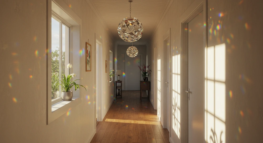 Corredor longo de casa brasileira com cristal multifacetado pendurado no teto para desacelerar o fluxo energético e equilibrar o ambiente segundo o Feng Shui.