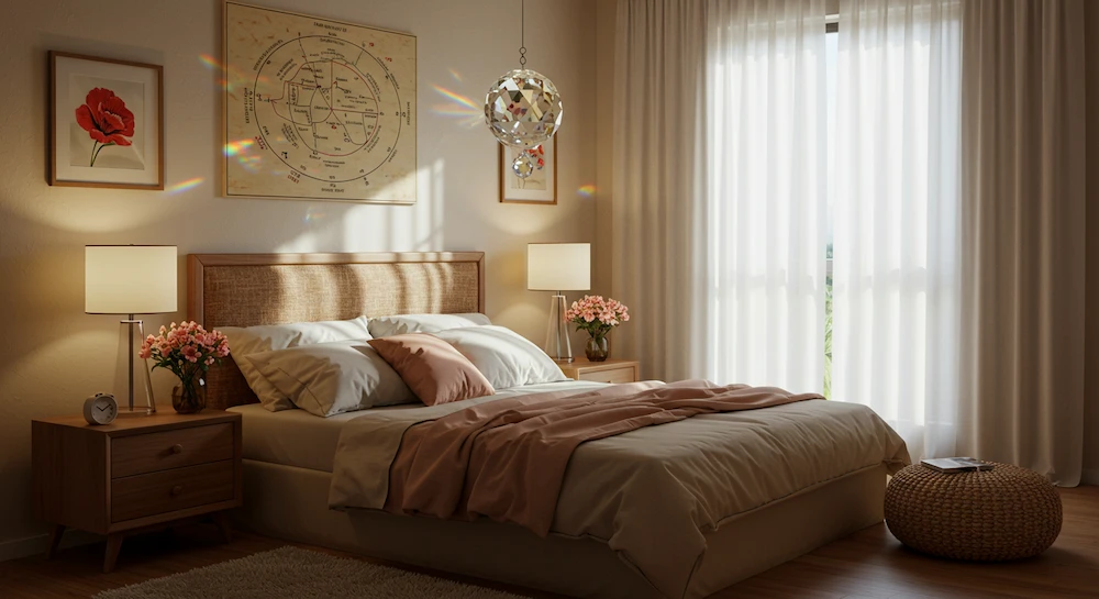 Quarto brasileiro decorado segundo o Feng Shui com cristal multifacetado na área do Baguá dedicada a relacionamentos, promovendo amor, harmonia e comunicação entre o casal.