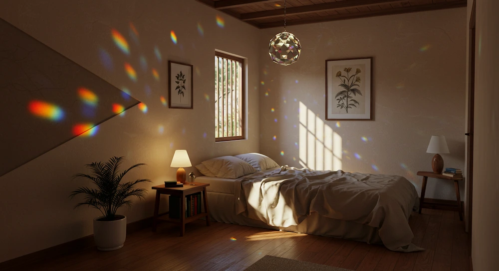 Quarto brasileiro com cristal multifacetado pendurado para neutralizar setas invisíveis de quinas voltadas para a cama, harmonizando a energia segundo o Feng Shui.