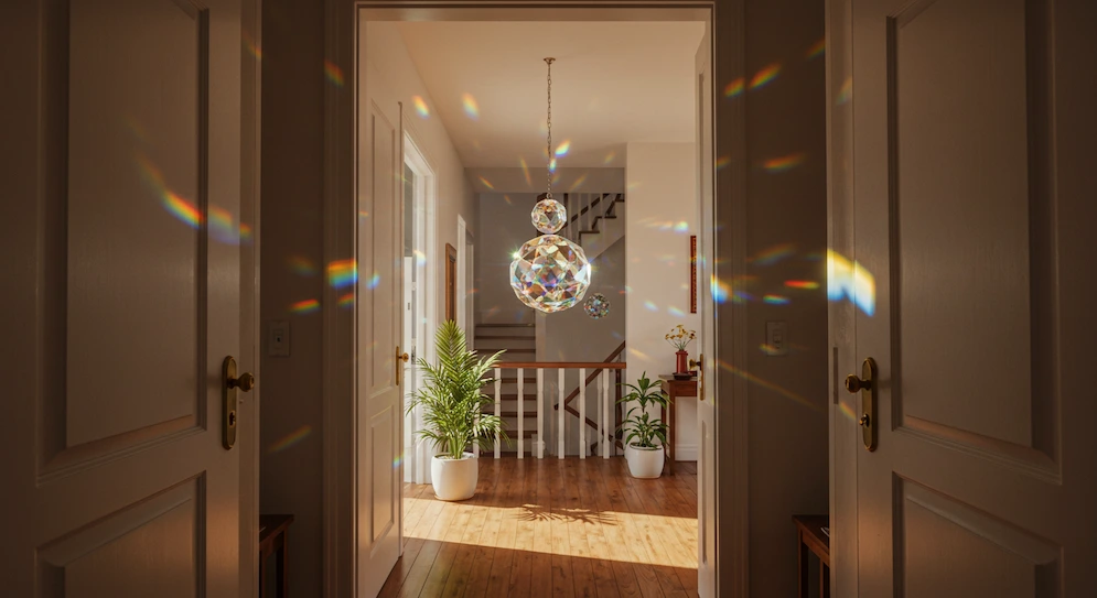Casa brasileira com cristal multifacetado pendurado entre portas alinhadas e acima da escada para evitar perda de energia positiva e equilibrar o fluxo segundo o Feng Shui.