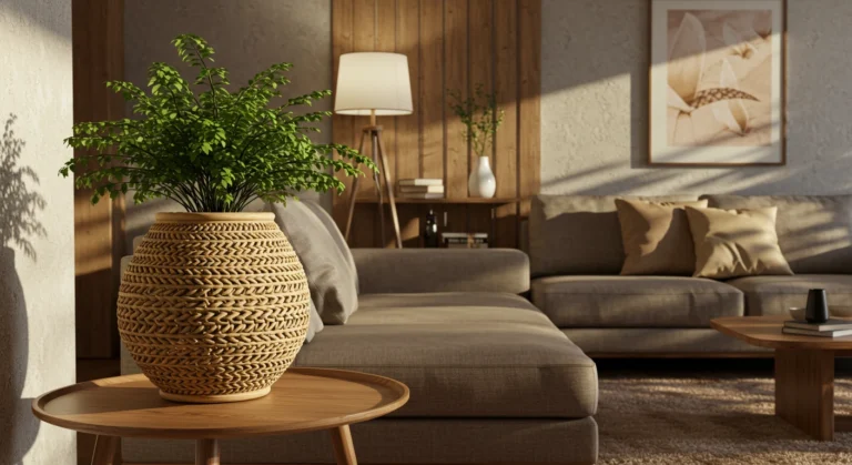 Sala moderna decorada com planta em cachepot elegante, destacando ideias criativas para usar cachepots na decoração.