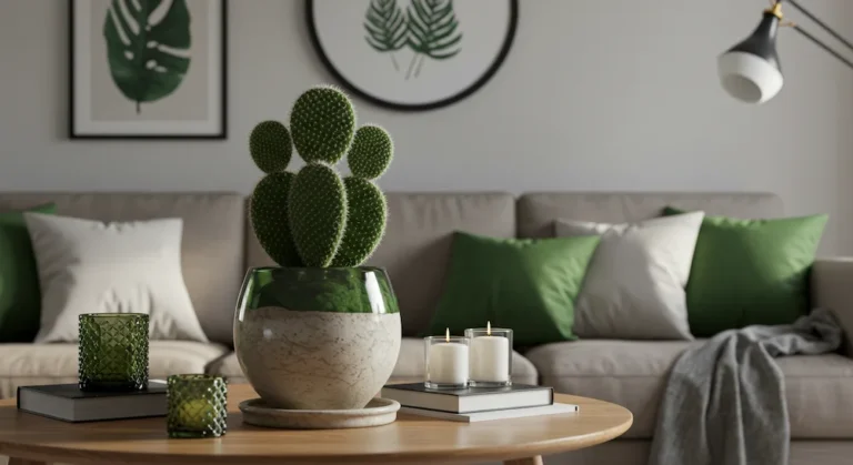Sala de estar moderna decorada com cacto orelha de coelho em vaso elegante, criando um ambiente acolhedor, charmoso e contemporâneo, ideal para inspiração de decoração.