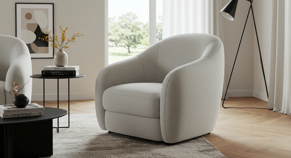 Sala de estar moderna no Brasil com poltrona minimalista cinza clara, design elegante e funcional, destacando-se como peça central da decoração.