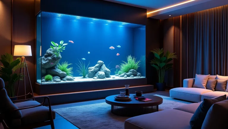 sala de estar moderna à noite com aquário grande iluminado por luzes de LED vibrantes em tons de azul, roxo e verde, com peixes tropicais e plantas aquáticas exuberantes, reflexos coloridos suaves nos móveis e paredes, decoração aconchegante e estilosa.