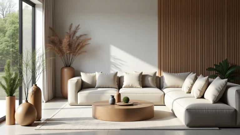 Sala moderna decorada com vasos de chão sofisticados ao lado do sofá, em ambiente iluminado e aconchegante com móveis neutros e plantas, seguindo o estilo contemporâneo brasileiro.