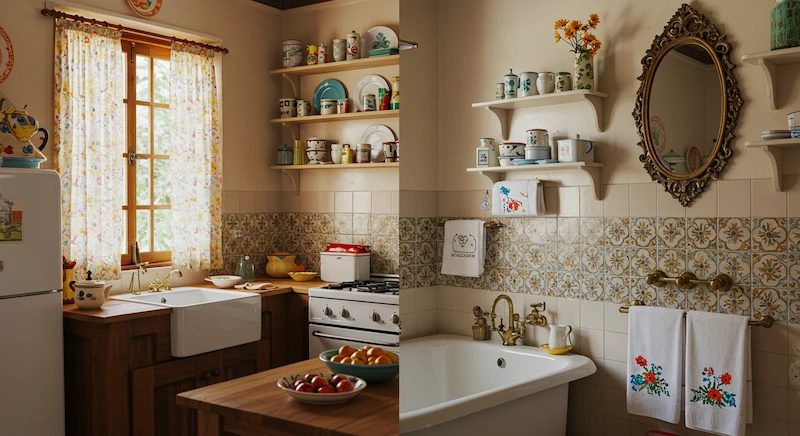 Cozinha e banheiro brasileiros decorados no estilo Grandmillennial com cortinas de chita, louças coloridas expostas, toalhas bordadas, azulejos coloridos e acessórios vintage, criando ambientes funcionais e acolhedores que unem charme nostálgico e personalidade.