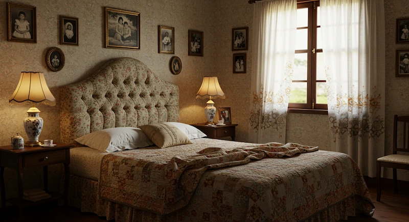 Quarto brasileiro decorado no estilo Grandmillennial com cabeceira estofada, colcha artesanal bordada, cortinas com detalhes em renda, papel de parede floral e molduras ornamentadas com fotos de família, criando um refúgio aconchegante e nostálgico que valoriza memórias afetivas.