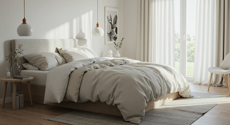 Quarto escandinavo com cama bem arrumada, edredons em camadas de branco, bege e cinza, decoração clean e móveis de madeira clara, transmitindo aconchego e organização.