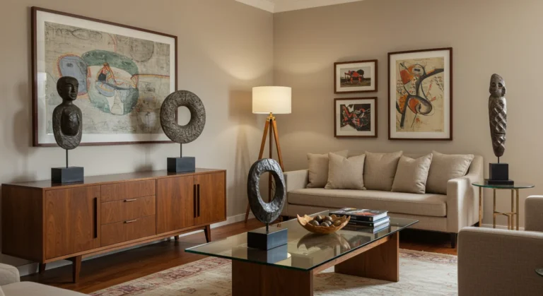 Sala de estar moderna e elegante com esculturas decorativas em destaque: uma sobre o aparador, outra na mesa de centro e uma maior no canto da sala, criando um ambiente sofisticado e harmonioso.