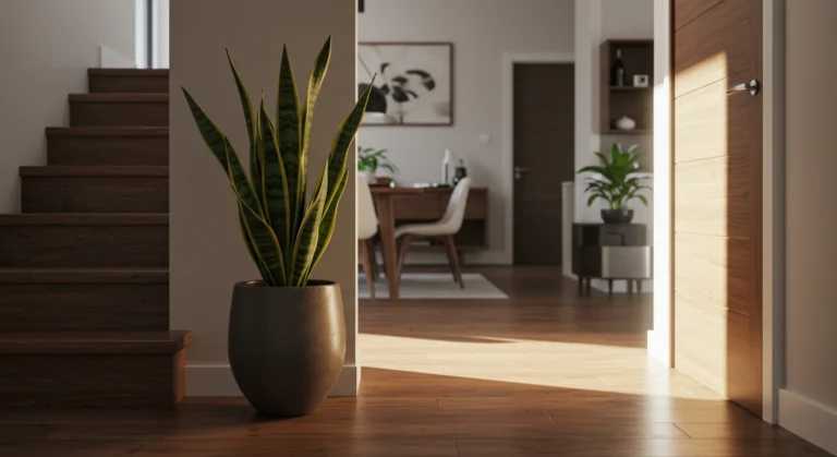 Casa moderna brasileira com vaso de Espada de São Jorge próximo à entrada, decorando o ambiente com elegância e proteção