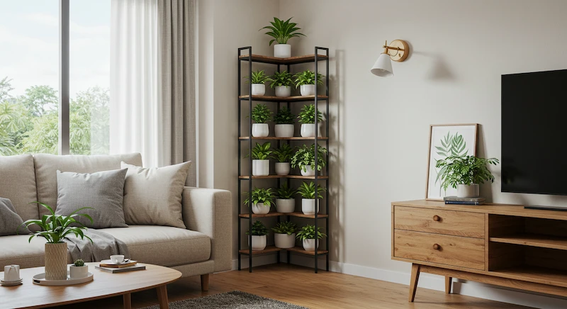 Prateleira floreira de canto com plantas verdes em sala moderna brasileira, otimizando espaços com charme e funcionalidade.