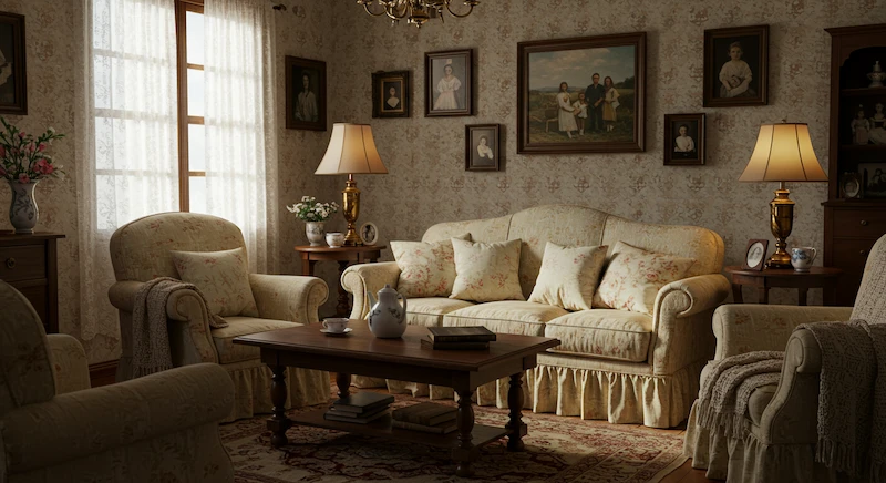 Sala de estar brasileira decorada no estilo Grandmillennial, com sofá vintage de saia e babados, almofadas florais, móveis de madeira escura, mantas artesanais, papel de parede floral e iluminação natural suave, criando um ambiente acolhedor que combina charme nostálgico e conforto moderno.