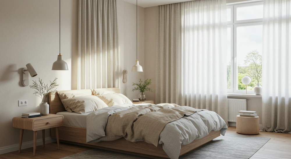 Quarto escandinavo com iluminação estratégica, cortinas leves em linho, luminárias pendentes e abajures minimalistas, combinando luz natural e artificial para criar aconchego e estilo.