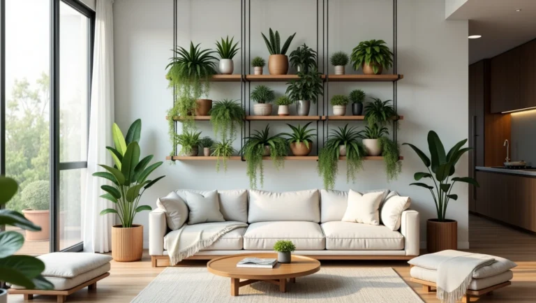 Sala moderna brasileira com prateleira floreira suspensa decorada com plantas verdes, criando um ambiente arejado e elegante.