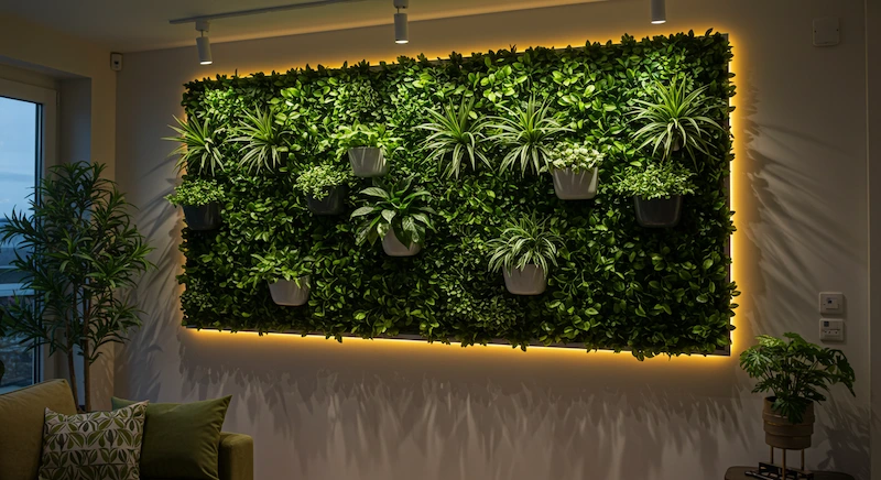 Parede interna com plantas artificiais iluminadas por LEDs quentes e spots direcionáveis, destacando texturas e criando ambiente aconchegante e sofisticado.