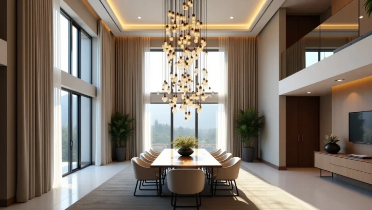 Decoração de sala de jantar com lindo lustre