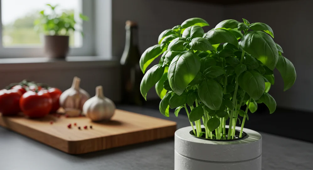 Manjericão fresco cultivado em sistema hidropônico na cozinha, com folhas verdes e aromáticas, pronto para temperar massas, molhos e saladas italianas.