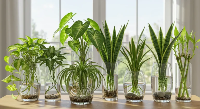 Seis plantas cultivadas na água em vasos de vidro — jiboia, filodendro, espada de São Jorge, clorofito, singônio e bambu da sorte — decorando mesa de madeira em ambiente interno iluminado naturalmente.