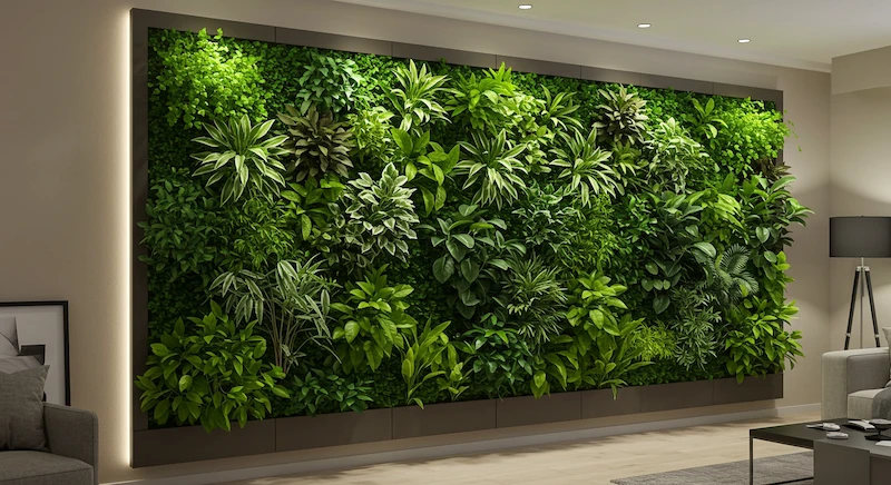 Parede interna decorada com jardim vertical artificial, combinando plantas de diferentes tamanhos, texturas e tons de verde, criando ponto focal moderno e elegante.